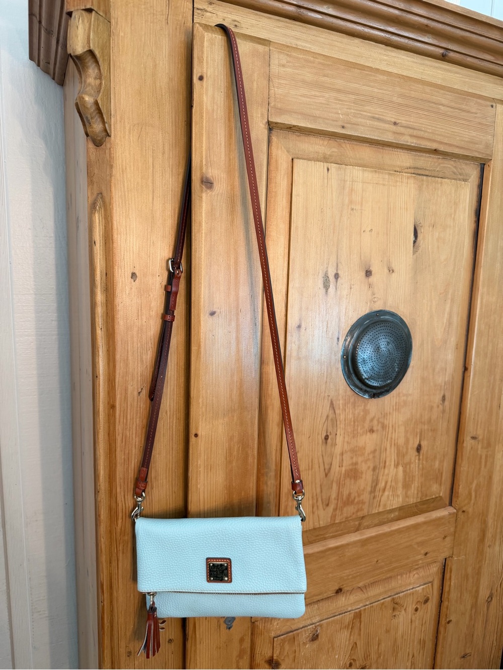 Dooney & Bourke Light Blue Pebbled Leather Foldover Crossbody w/Brown Strap